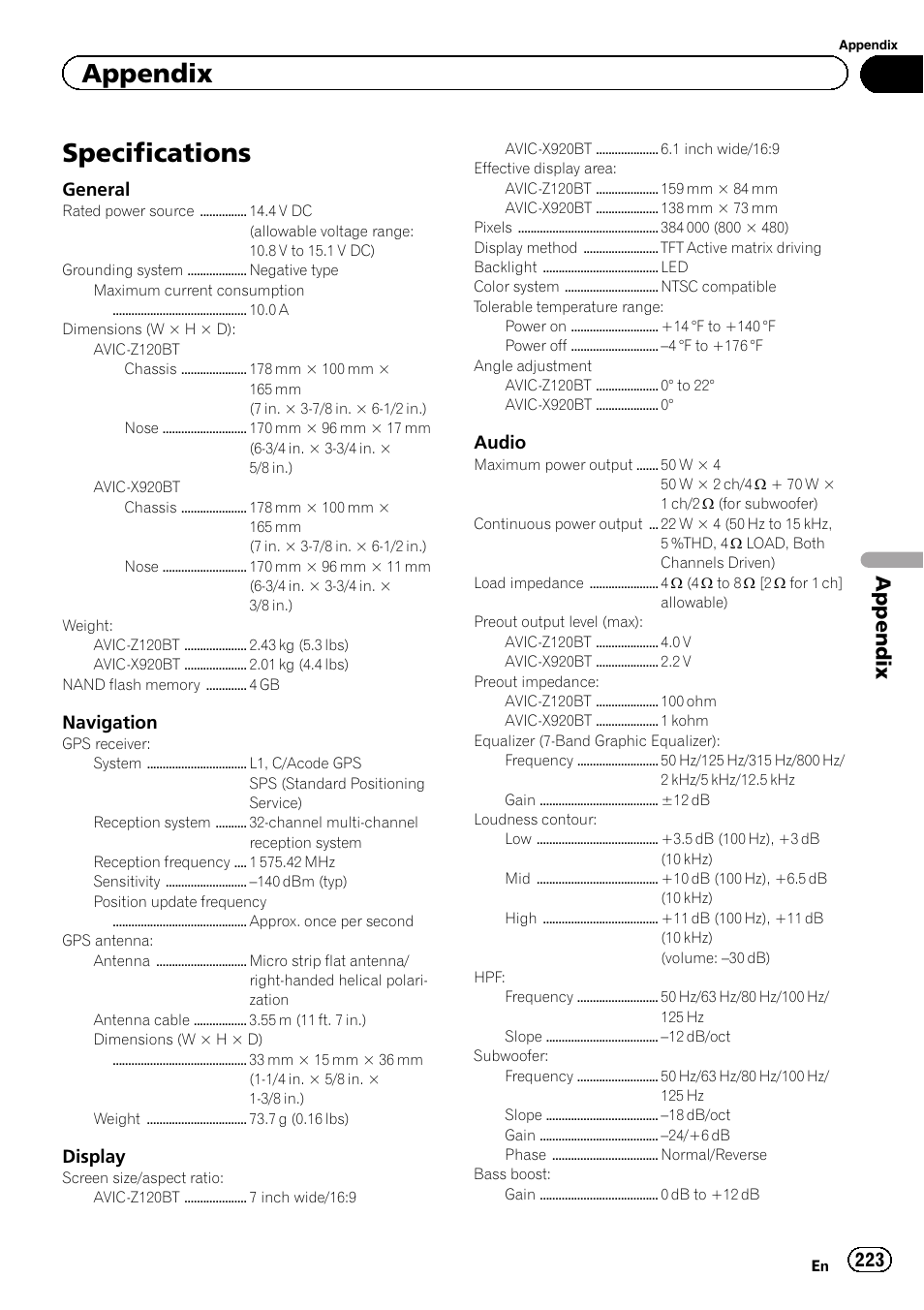 Specifications, Appendix, General | Navigation, Display, Audio | Pioneer AVIC-Z120BT User Manual | Page 223 / 228