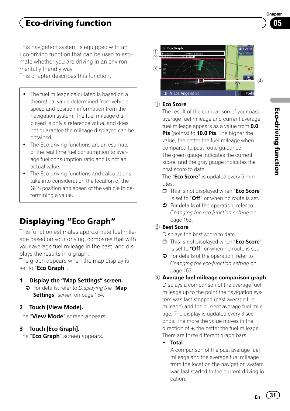 Eco-driving function displaying, Eco graph” 31, Displaying “eco | Graph, Displaying “eco graph, Eco-driving function | Pioneer AVIC-Z120BT User Manual | Page 31 / 228
