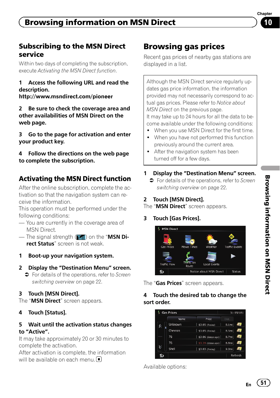 Subscribing to the msn direct, Service, Activating the msn direct | Function, Browsing gas prices, Browsing information on msn direct, Subscribing to the msn direct service, Activating the msn direct function | Pioneer AVIC-Z120BT User Manual | Page 51 / 228