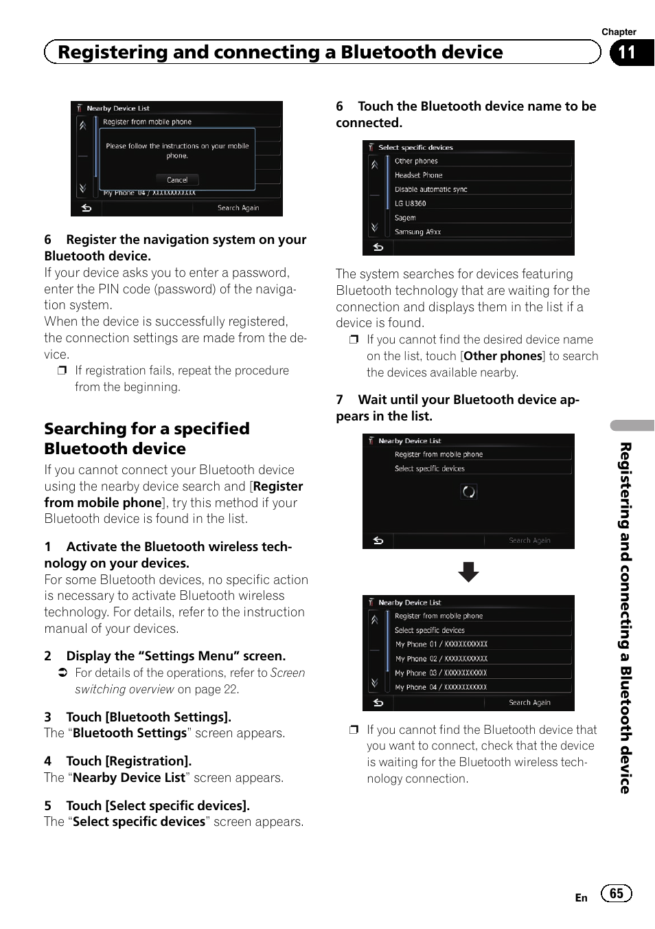 Searching for a specified bluetooth, Device, Registering and connecting a bluetooth device | Searching for a specified bluetooth device | Pioneer AVIC-Z120BT User Manual | Page 65 / 228