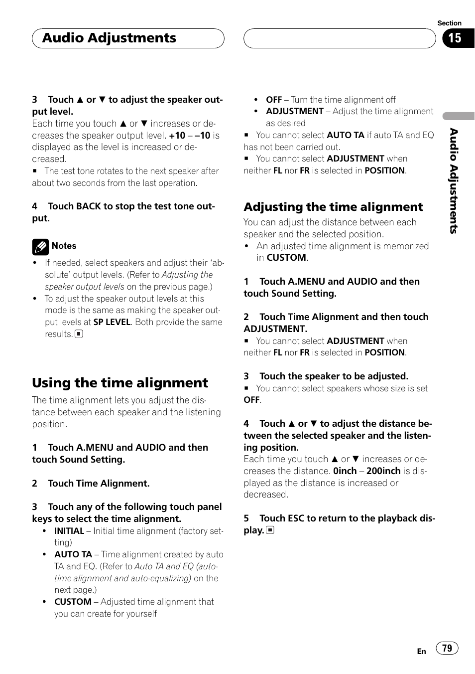 Using the time alignment 79, Using the time alignment, Audio adjustments | Adjusting the time alignment | Pioneer AVH-P7500DVD User Manual | Page 79 / 112