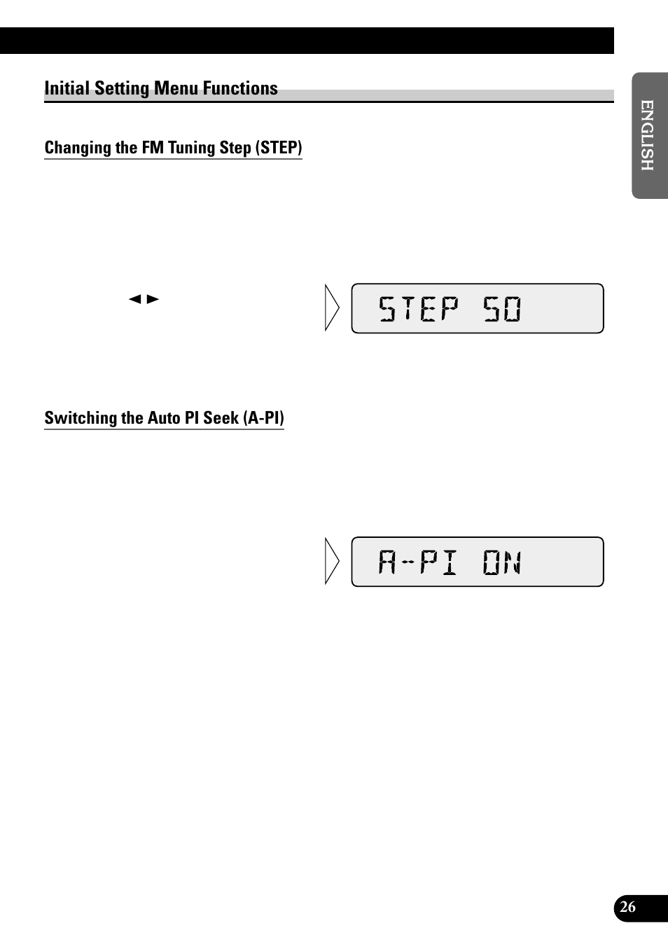 Initial setting menu functions, Changing the fm tuning step (step), Switching the auto pi seek (a-pi) | Pioneer KEH-P1010R User Manual | Page 27 / 88