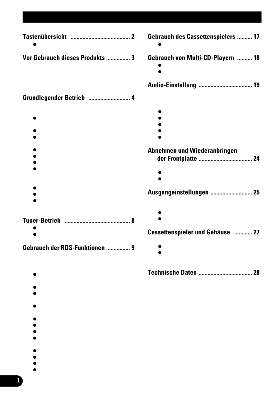 Inhalt, Tastenübersicht, Vor gebrauch dieses produkts | Grundlegender betrieb, Tuner-betrieb, Gebrauch der rds-funktionen, Gebrauch des cassettenspielers, Gebrauch von multi-cd-playern, Audio-einstellung, Abnehmen und wiederanbringen der frontplatte | Pioneer KEH-P1010R User Manual | Page 58 / 88