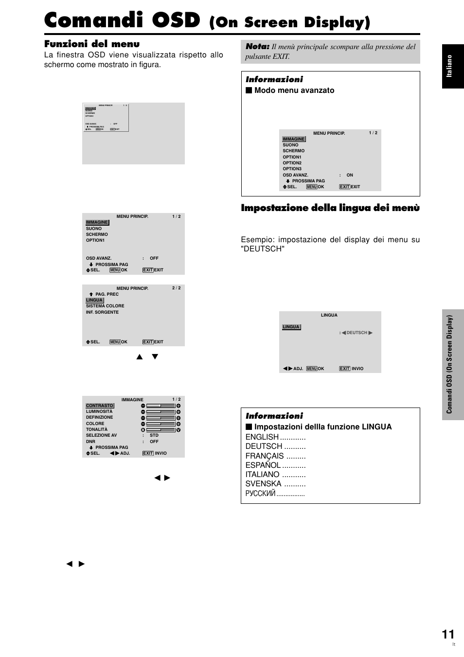 Comandi osd, On screen display), Funzioni del menu | Impostazione della lingua dei menù, Italiano, Comandi osd (on screen display) | Pioneer PLASMA DISPLAY User Manual | Page 128 / 266