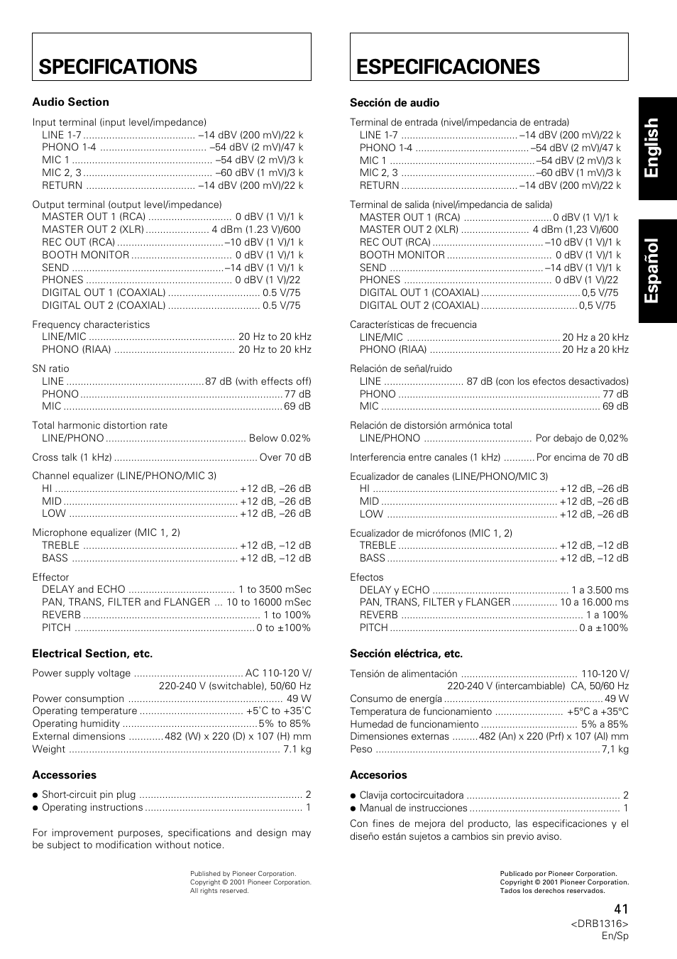 Specifications, Especificaciones, English espa ñ ol | Pioneer DJM-300 User Manual | Page 41 / 64