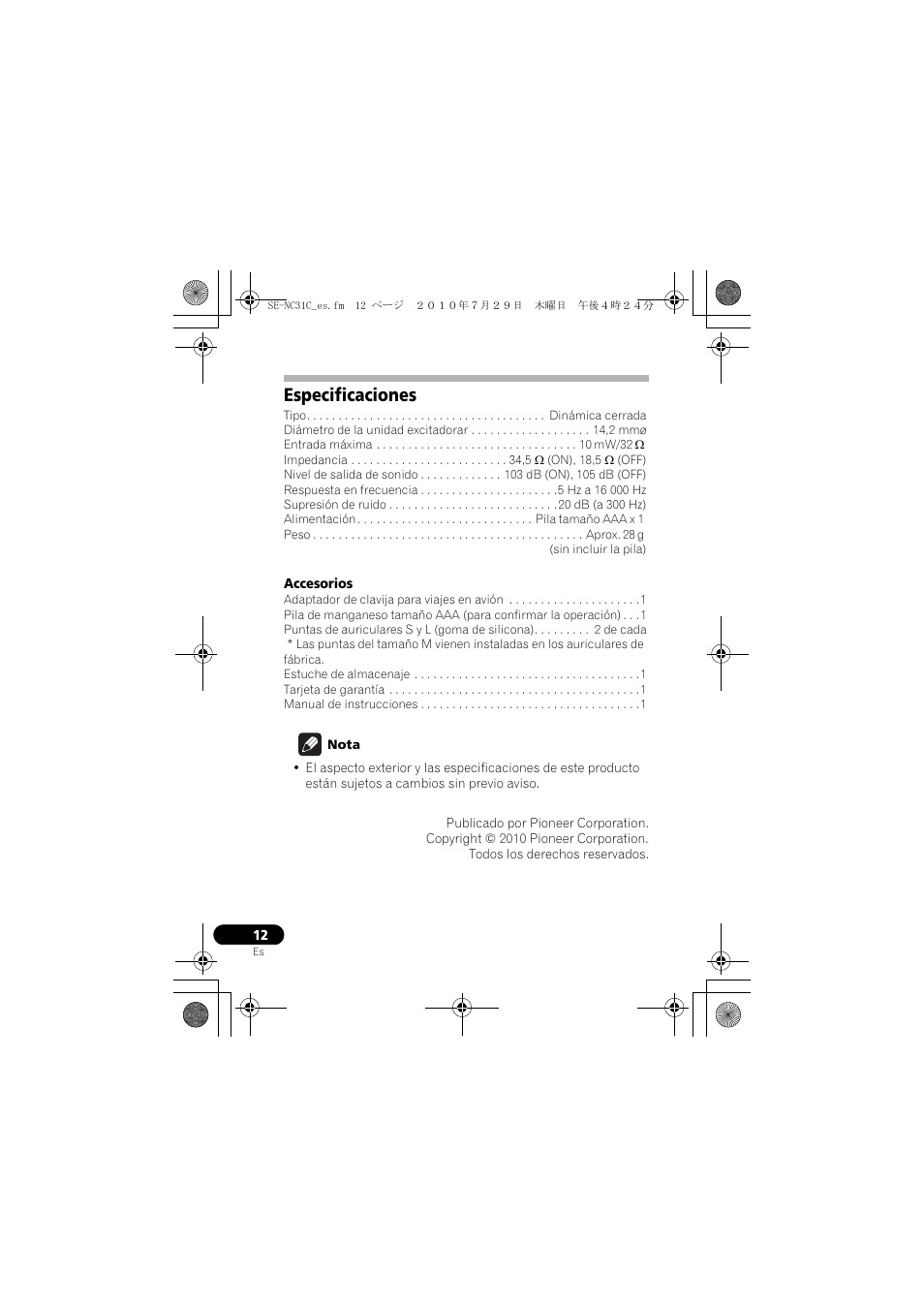 Especificaciones | Pioneer SE-NC31C-K User Manual | Page 36 / 40
