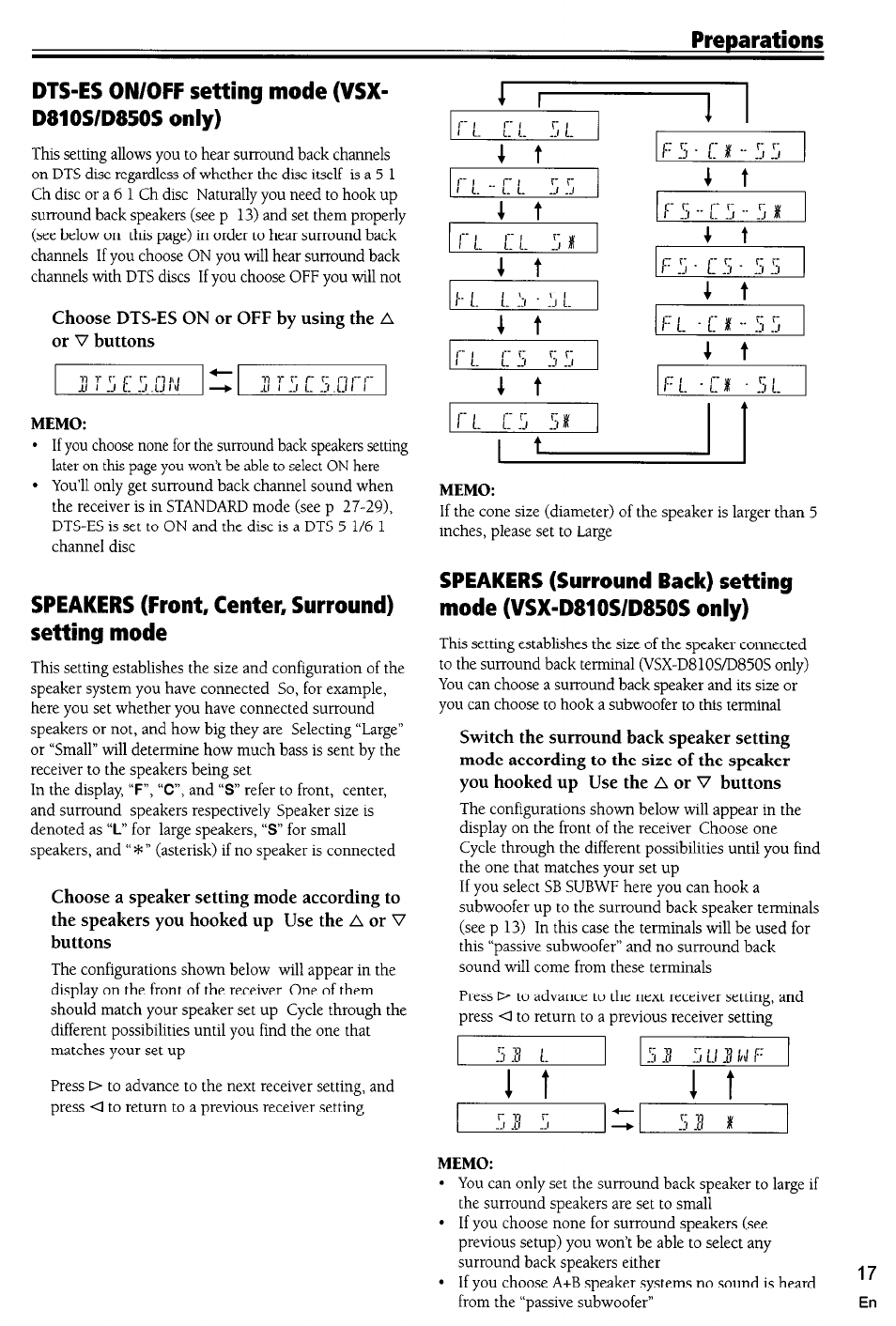 Dts-es on/off setting mode (vsx- d810s/d850s only), Memo, Speakers (front, center, surround) setting mode | F 5 - c, Tc : r . r | Pioneer VSX-D710S User Manual | Page 17 / 53