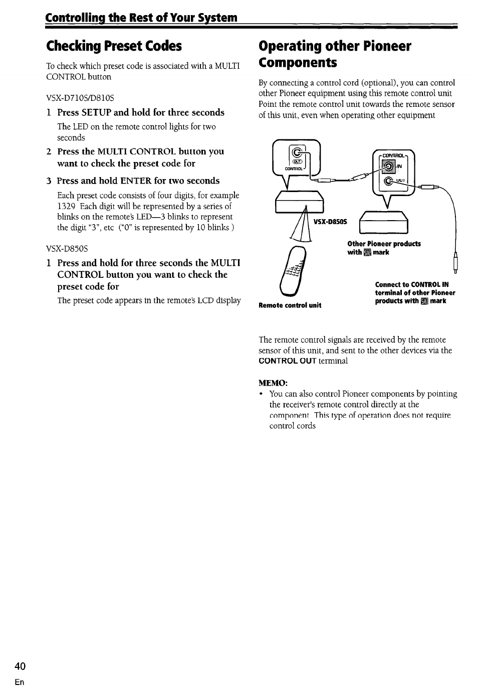 Checking preset codes, Operating other pioneer components | Pioneer VSX-D710S User Manual | Page 40 / 53