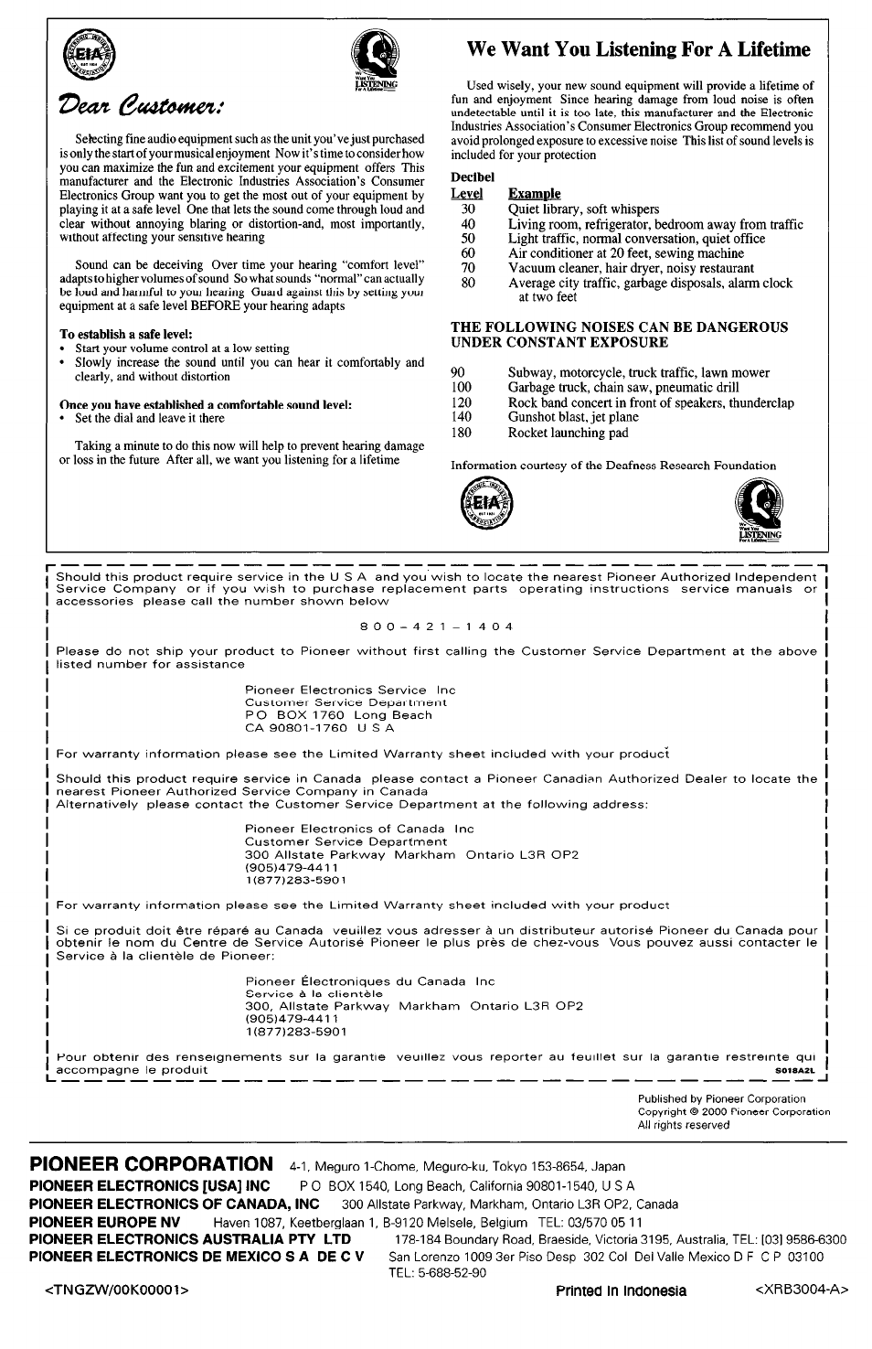 We want you listening for a lifetime, Pioneer corporation | Pioneer VSX-D710S User Manual | Page 52 / 53