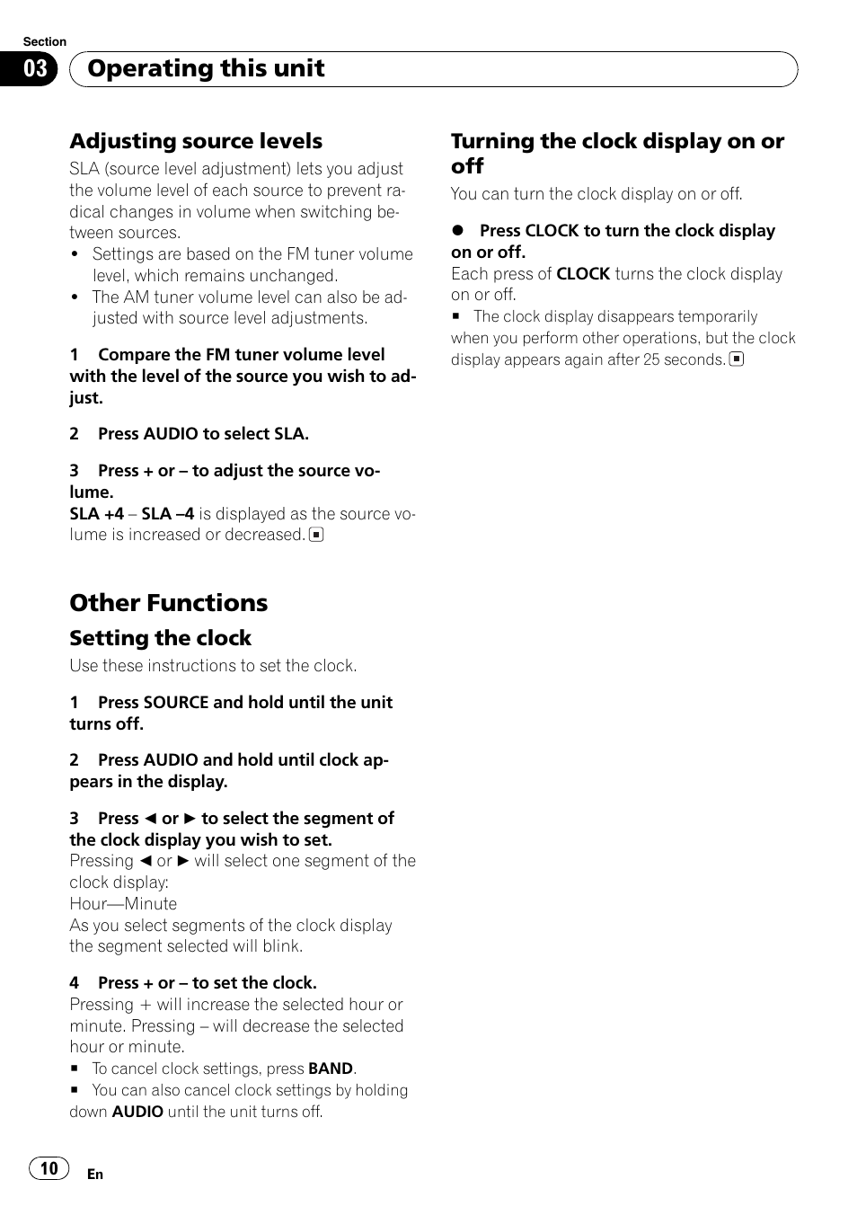 Adjusting source levels 10, Other functions 10, Setting the clock 10 | Turning the clock display on or off 10, Other functions, Operating this unit | Pioneer FM/AM DEH-1800 User Manual | Page 10 / 37