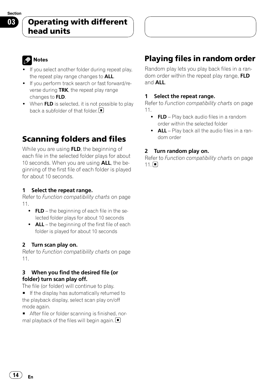 Scanning folders and files, Playing files in random order, Operating with different head units | Pioneer CD-UB100 User Manual | Page 14 / 63