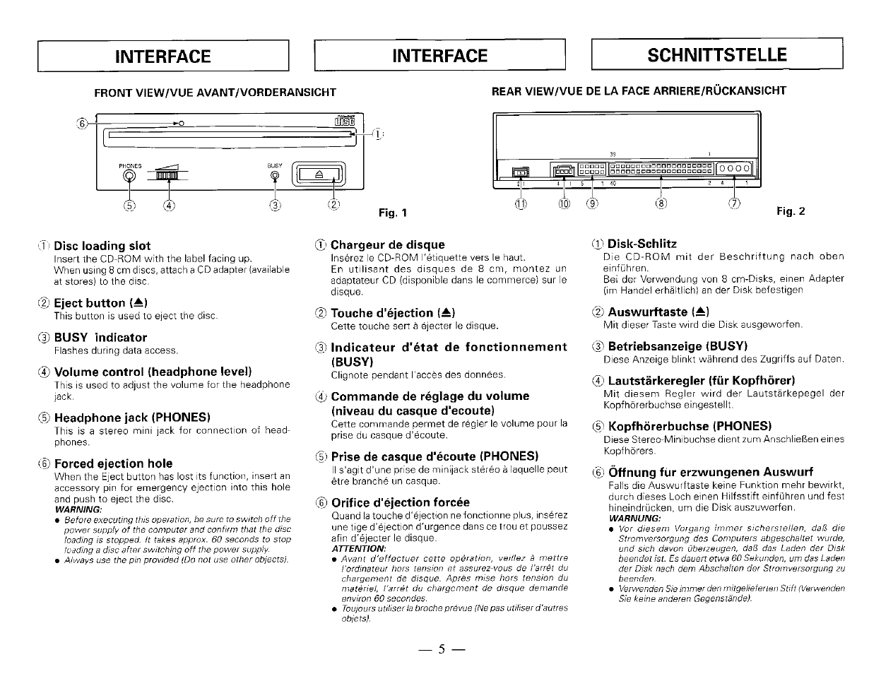 1) disc loading slot, 2; eject button {^), 3) busy indicator | 0 volume control (headphone level), 5; headphone jack (phones), 6) forced ejection hole, Cl' chargeur de disque, 2) touche d'éjection (^), 0 indicateur d'état de fonctionnement (busy), 5) prise de casque d'écoute (phones) | Pioneer DR-504S User Manual | Page 3 / 8