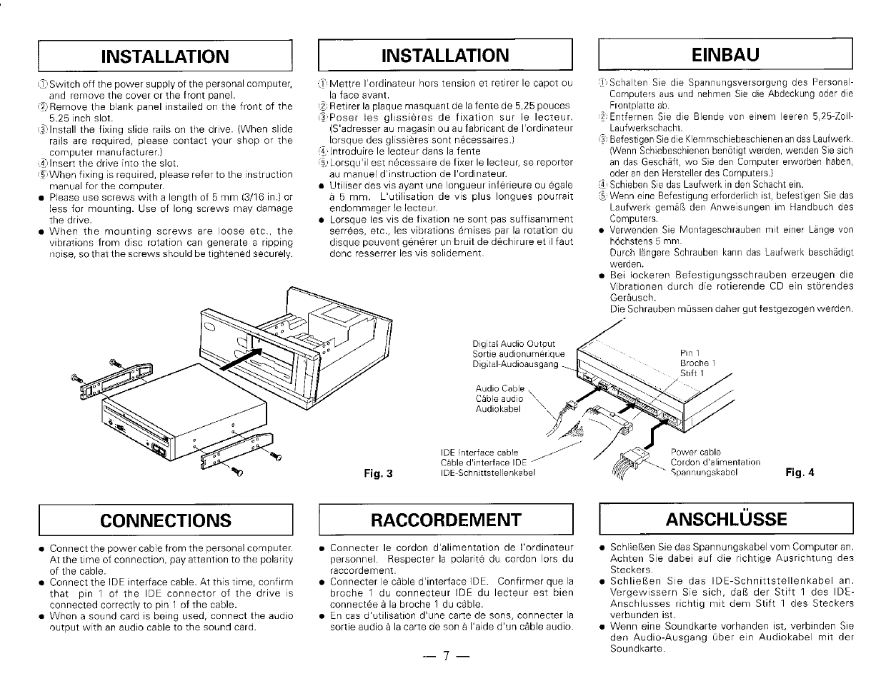 Installation, Installation einbau, Connections raccordement anschlüsse | Pioneer DR-504S User Manual | Page 4 / 8