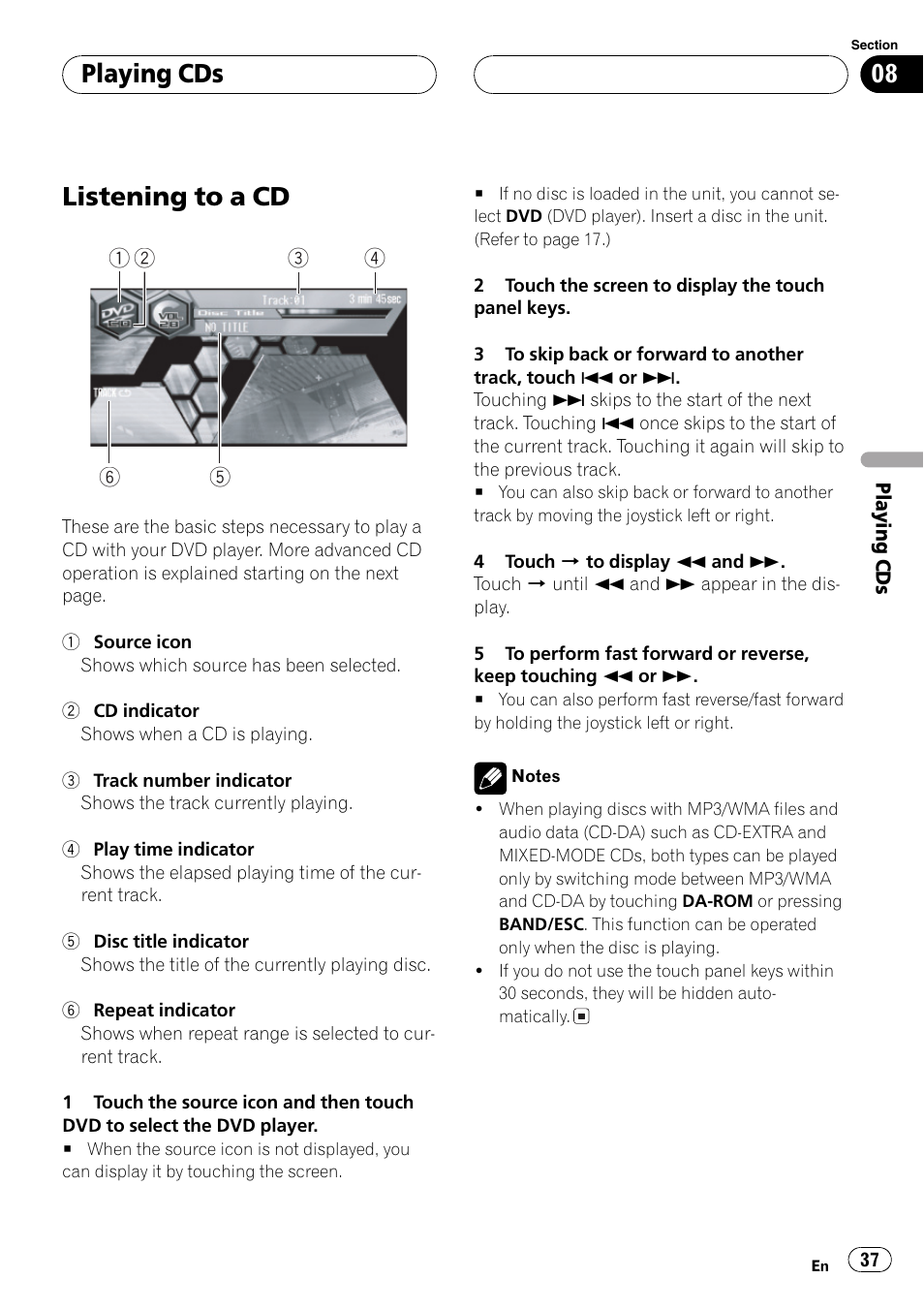 Playing cds listening to a cd 37, Listening to a cd, Playing cds | Pioneer Super Tuner III D AVH-P6650DVD User Manual | Page 37 / 106