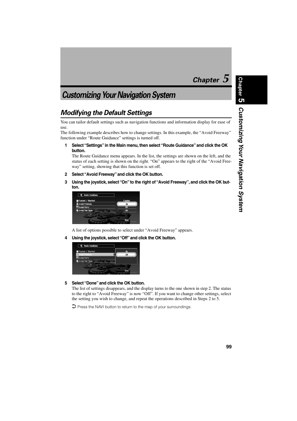 Chapter 5, Customizing your navigation system, Modifying the default settings | Chapter | Pioneer CNDV-20 User Manual | Page 101 / 200