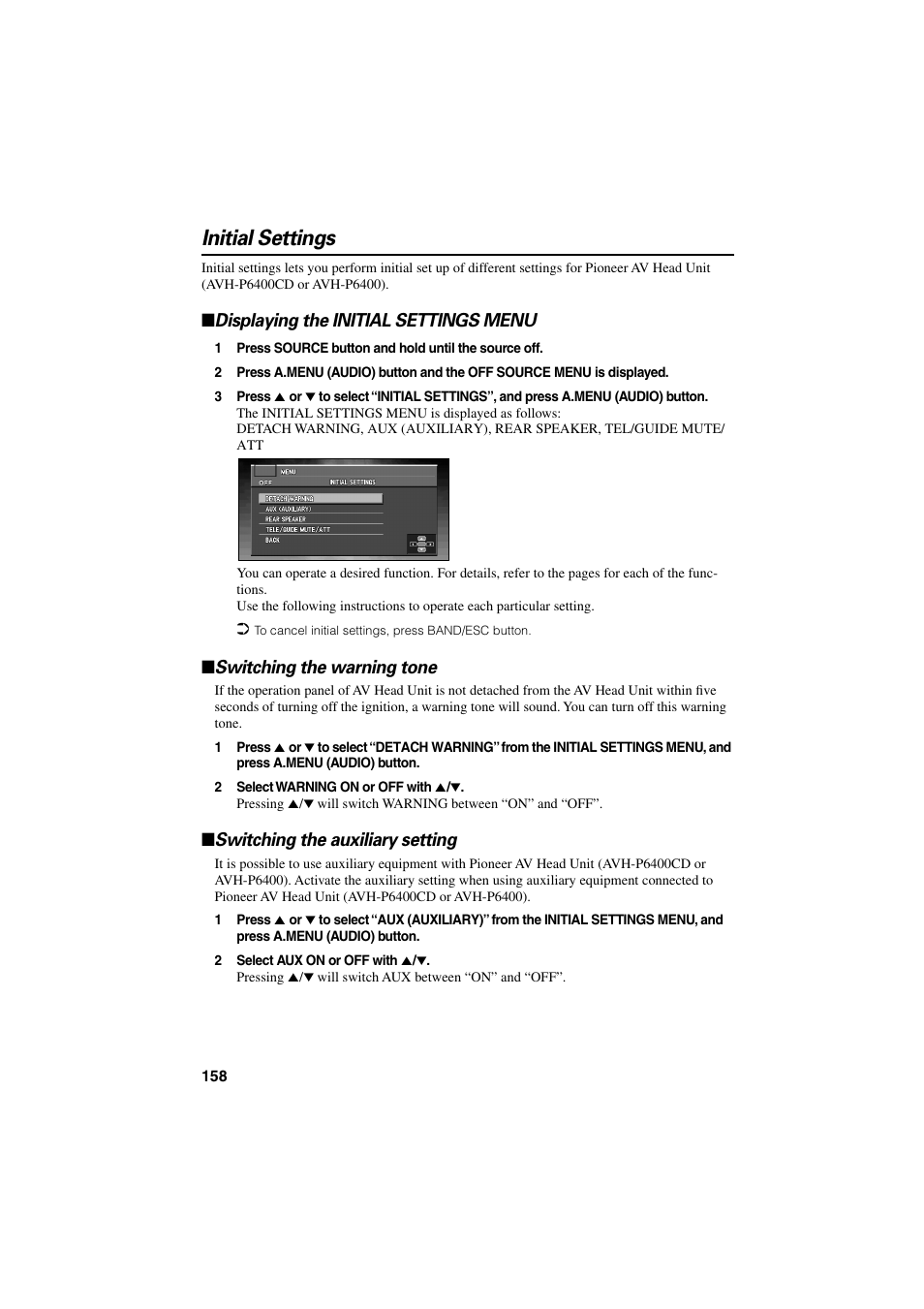 Initial settings, Displaying the initial settings menu, Switching the warning tone | Switching the auxiliary setting | Pioneer CNDV-20 User Manual | Page 160 / 200