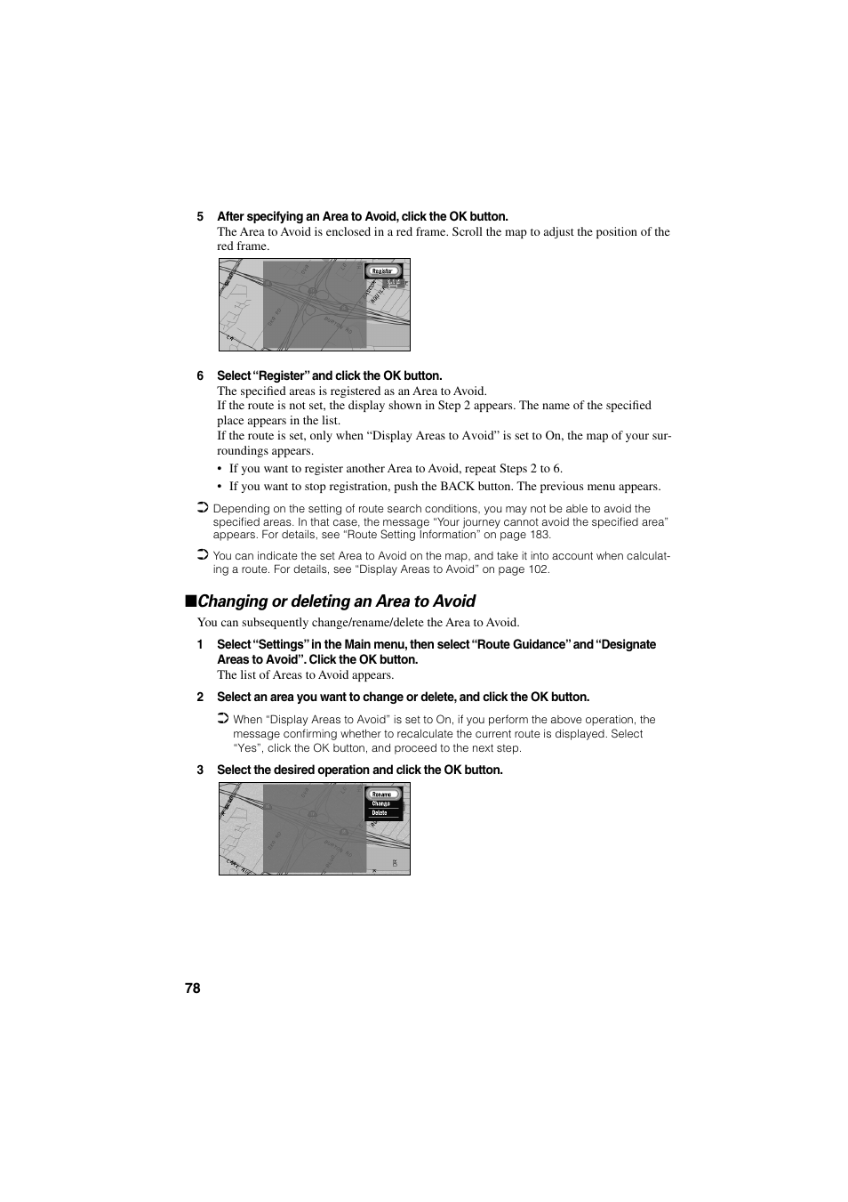 Changing or deleting an area to avoid | Pioneer CNDV-20 User Manual | Page 80 / 200