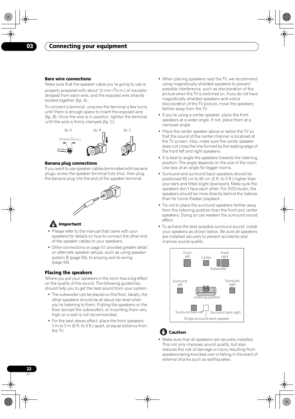 Placing the speakers, Connecting your equipment 03 | Pioneer VSX-1018AH-K User Manual | Page 22 / 100