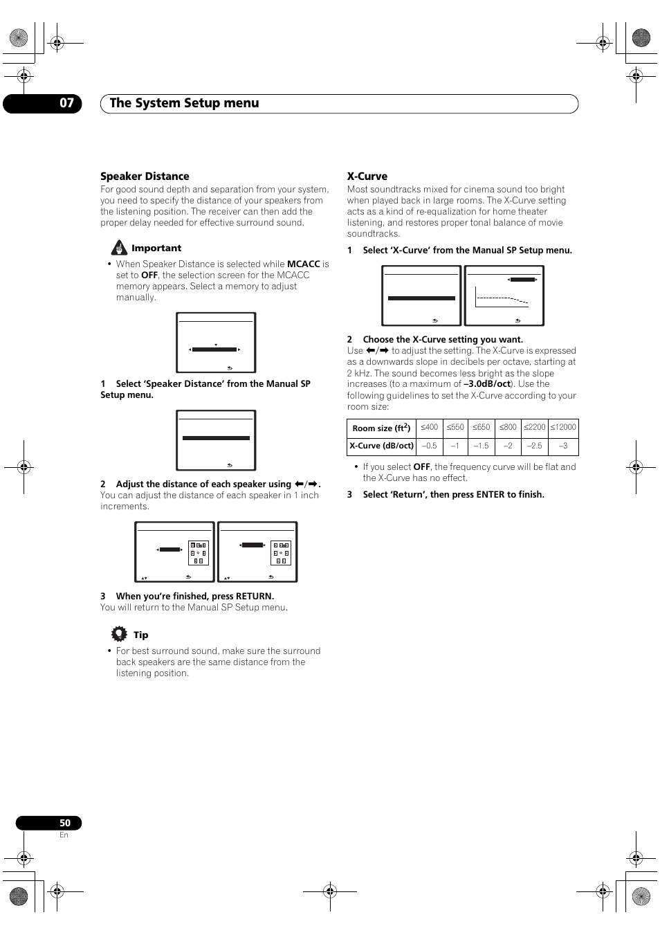 Speaker distance x-curve, The system setup menu 07, Speaker distance | X-curve | Pioneer VSX-1018AH-K User Manual | Page 50 / 100