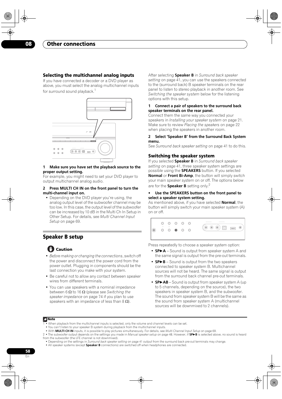 Selecting the multichannel analog inputs, Speaker b setup, Switching the speaker system | Other connections 08 | Pioneer VSX-1018AH-K User Manual | Page 58 / 100