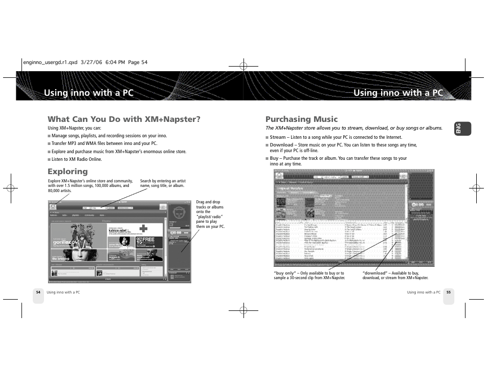 Using inno with a pc, Purchasing music, What can you do with xm+napster | Exploring | Pioneer XM2GO User Manual | Page 28 / 47
