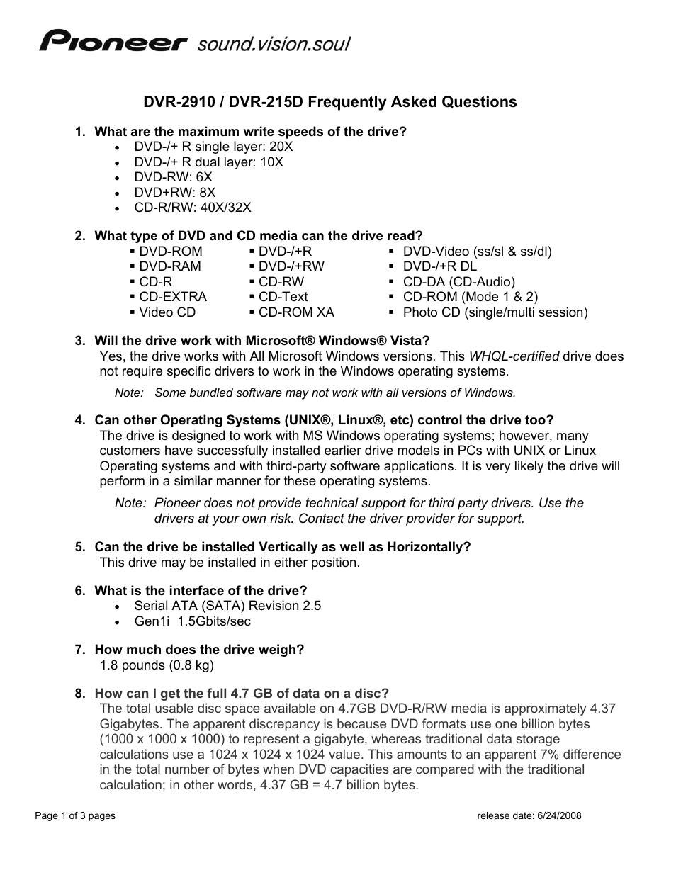 Pioneer SOUND. VISION. SOUL DVR-215D User Manual | 3 pages