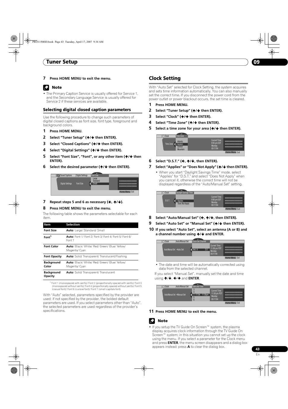 Selecting digital closed caption parameters, Clock setting, Tuner setup 09 | Pioneer PRO-950HD User Manual | Page 43 / 120