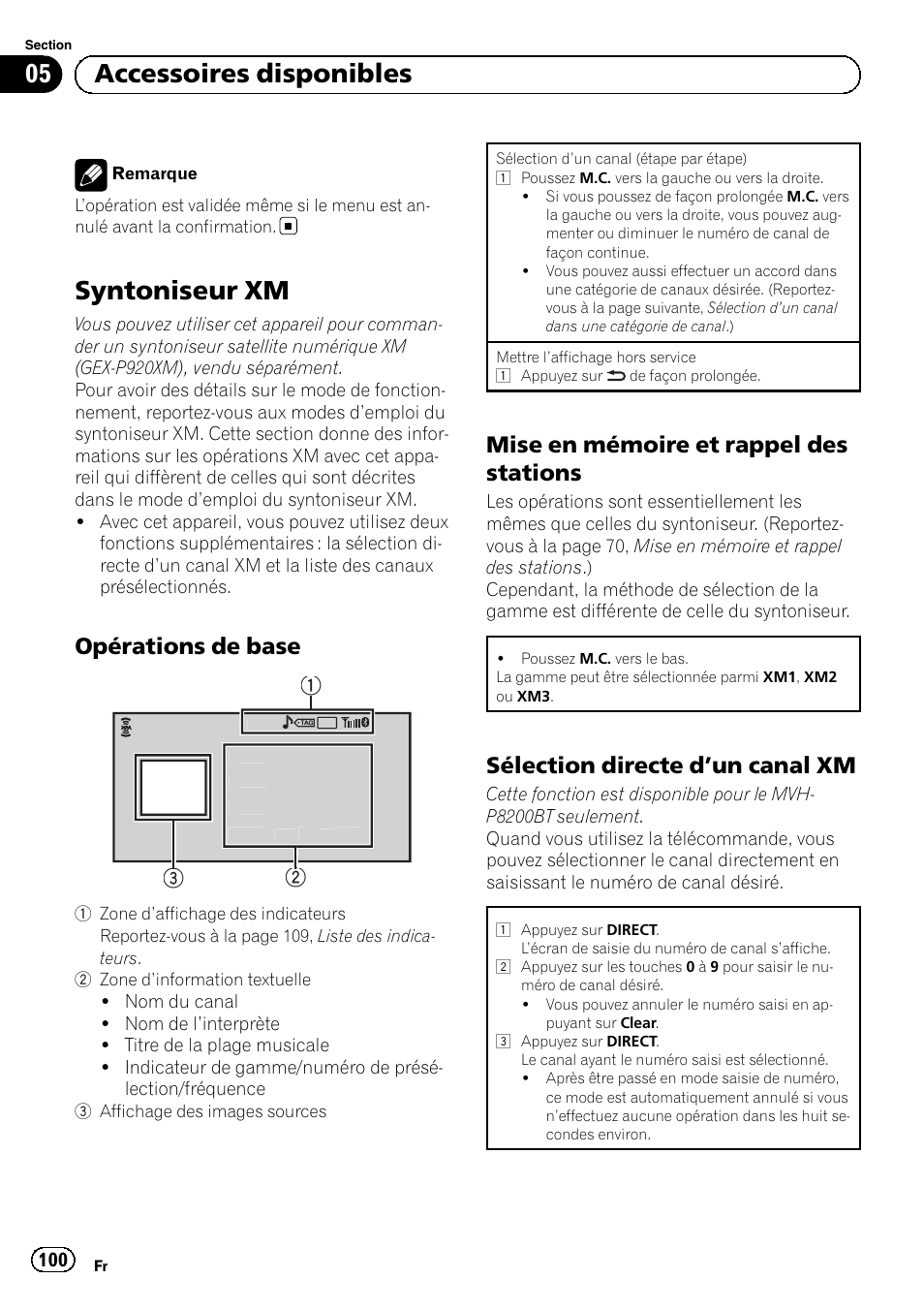 Syntoniseur xm, Opérations de base 100, Mise en mémoire et rappel des | Stations, Sélection directe d’un canal xm 100, 05 accessoires disponibles, Opérations de base, Mise en mémoire et rappel des stations, Sélection directe d ’un canal xm | Pioneer MVH-P8200BT User Manual | Page 100 / 184
