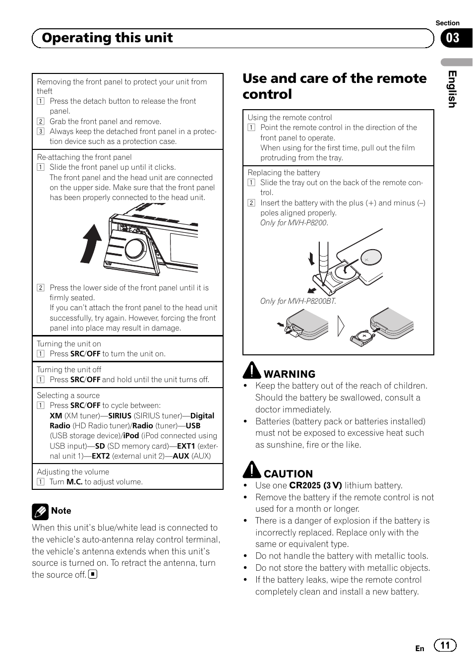 Use and care of the remote control, 03 operating this unit, English | Pioneer MVH-P8200BT User Manual | Page 11 / 184