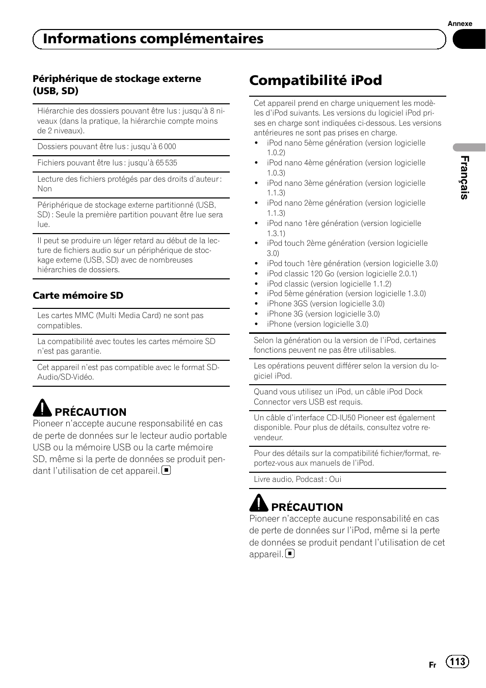 Compatibilité ipod, Informations complémentaires, Français | Précaution | Pioneer MVH-P8200BT User Manual | Page 113 / 184