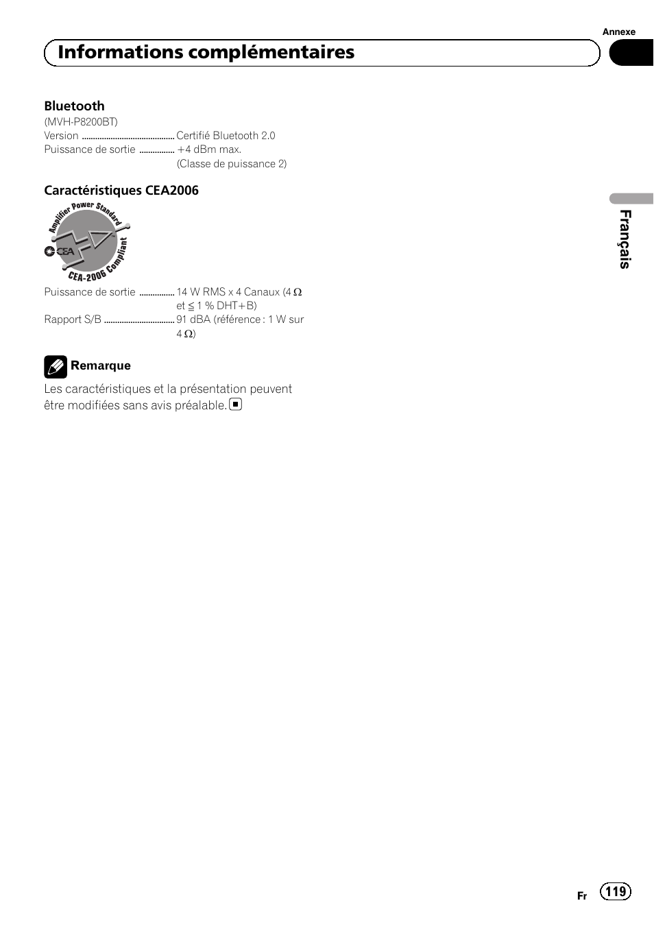 Informations complémentaires, Français | Pioneer MVH-P8200BT User Manual | Page 119 / 184