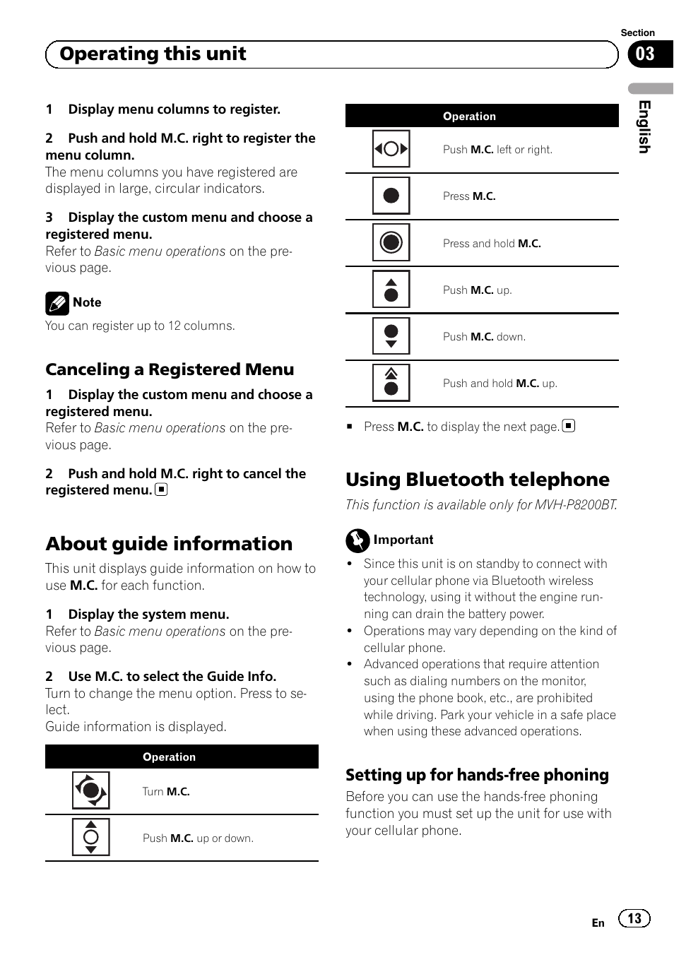 Canceling a registered menu 13, About guide information, Using bluetooth telephone | Setting up for hands-free phoning 13, 03 operating this unit, Canceling a registered menu, Setting up for hands-free phoning | Pioneer MVH-P8200BT User Manual | Page 13 / 184