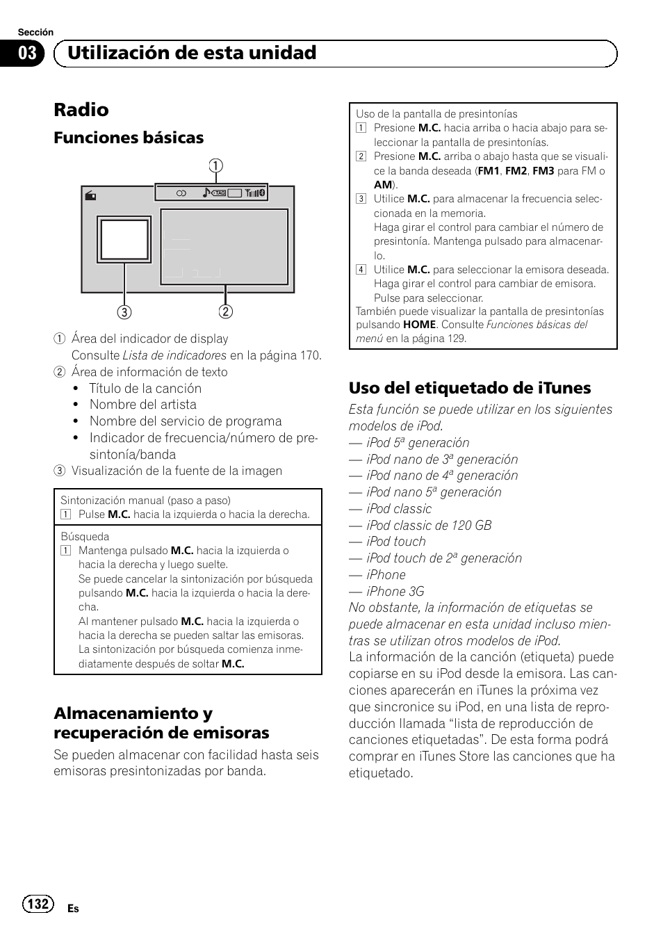 Radio, Funciones básicas 132, Almacenamiento y recuperación de | Emisoras, Uso del etiquetado de itunes 132, 03 utilización de esta unidad, Funciones básicas, Almacenamiento y recuperación de emisoras, Uso del etiquetado de itunes | Pioneer MVH-P8200BT User Manual | Page 132 / 184