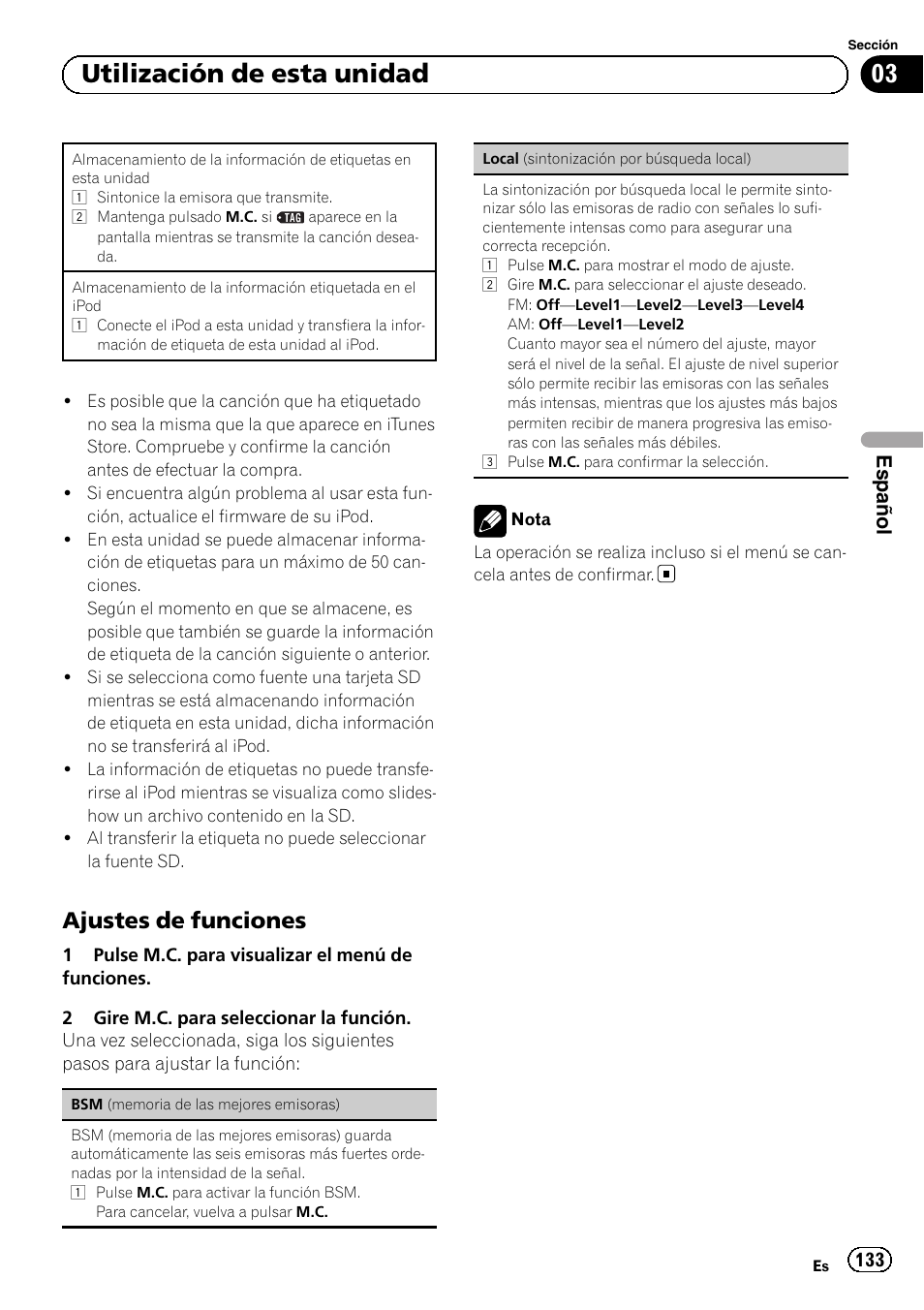 Ajustes de funciones 133, 03 utilización de esta unidad, Ajustes de funciones | Español | Pioneer MVH-P8200BT User Manual | Page 133 / 184