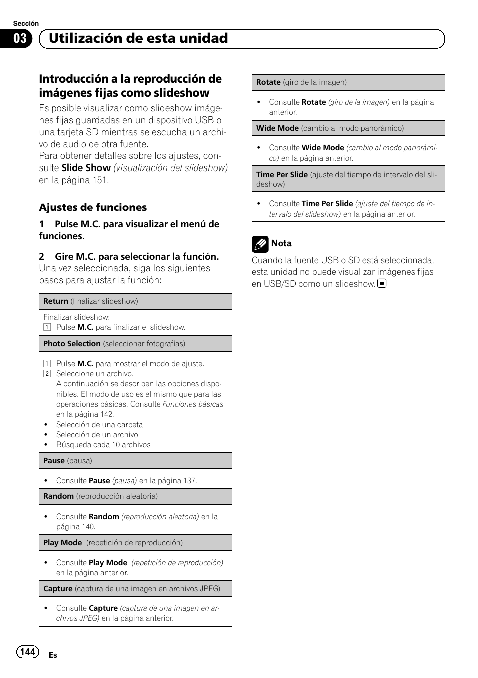 Introducción a la reproducción de, Imágenes fijas como slideshow, 03 utilización de esta unidad | Pioneer MVH-P8200BT User Manual | Page 144 / 184