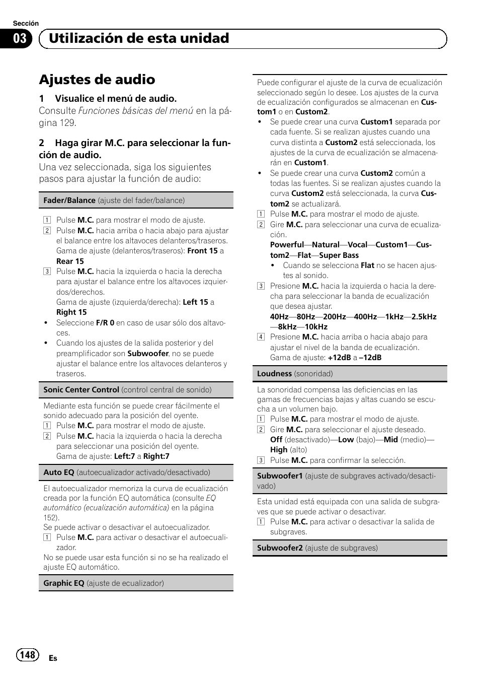 Ajustes de audio, 03 utilización de esta unidad | Pioneer MVH-P8200BT User Manual | Page 148 / 184