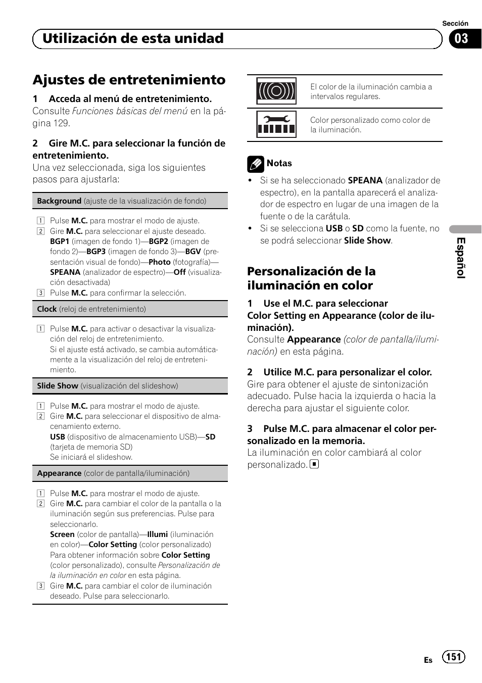 Ajustes de entretenimiento, Personalización de la iluminación en, Color | Slide show (visualización del slideshow), 03 utilización de esta unidad, Personalización de la iluminación en color, Español | Pioneer MVH-P8200BT User Manual | Page 151 / 184
