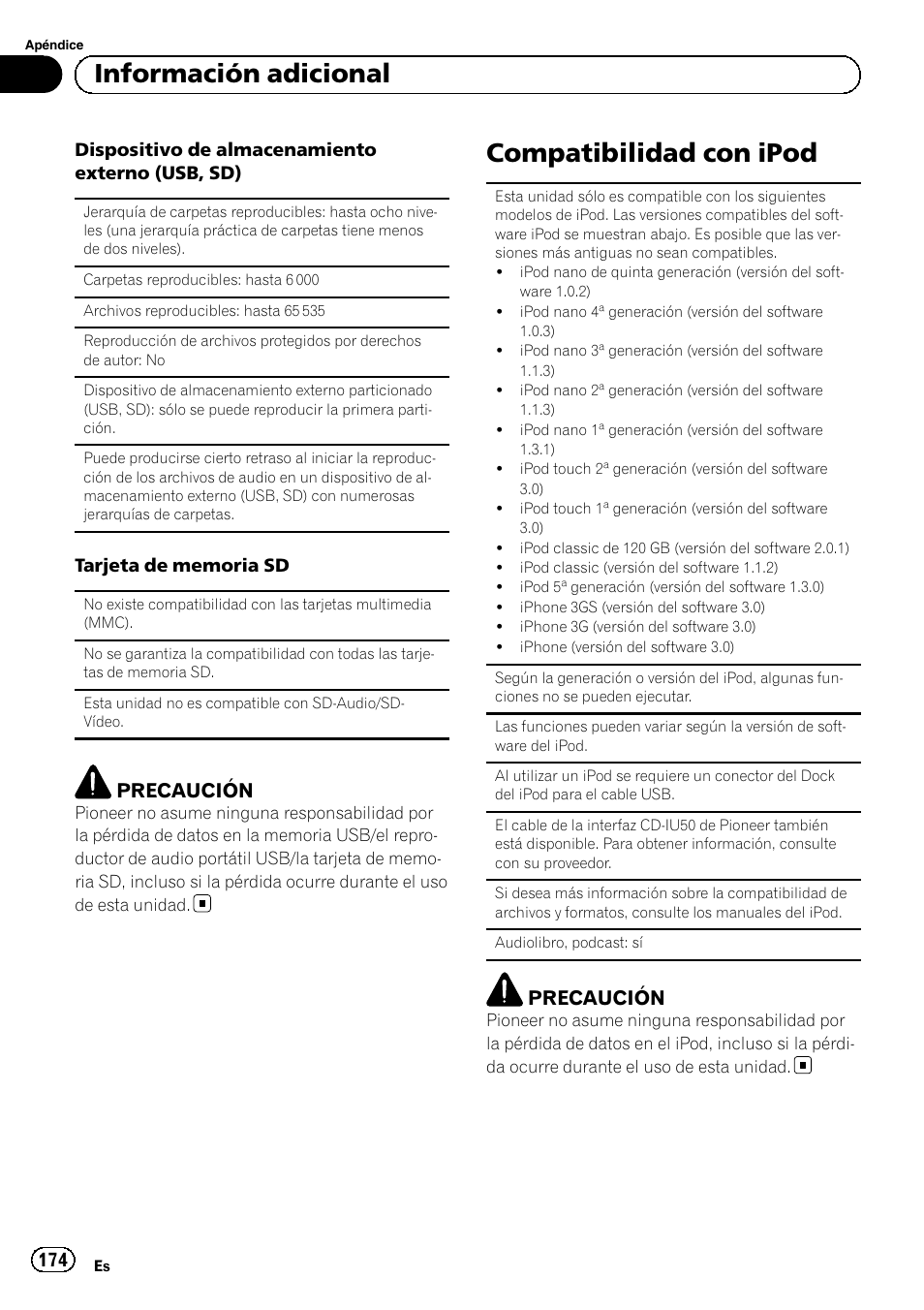 Compatibilidad con ipod, Información adicional, Precaución | Pioneer MVH-P8200BT User Manual | Page 174 / 184
