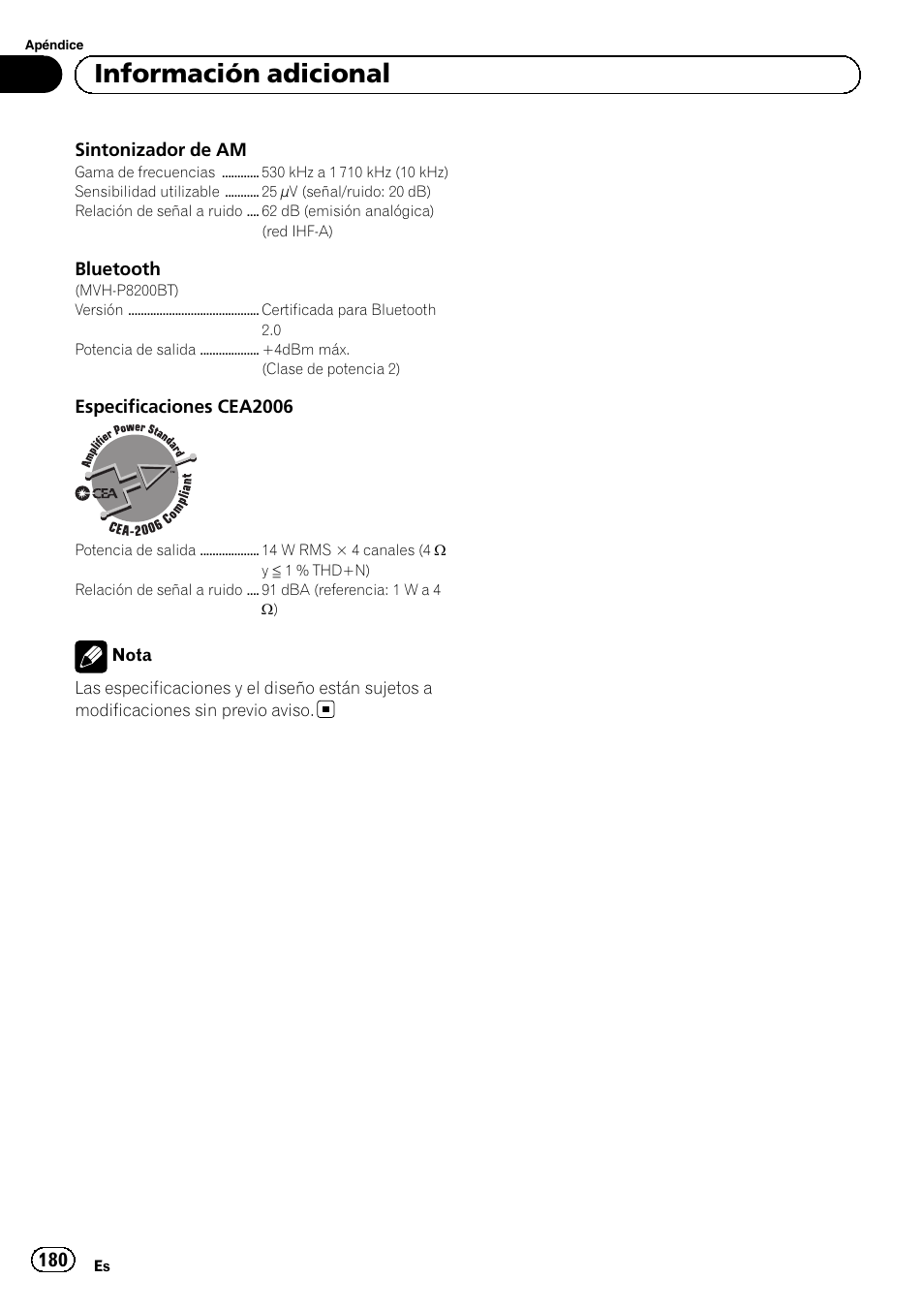 Información adicional | Pioneer MVH-P8200BT User Manual | Page 180 / 184