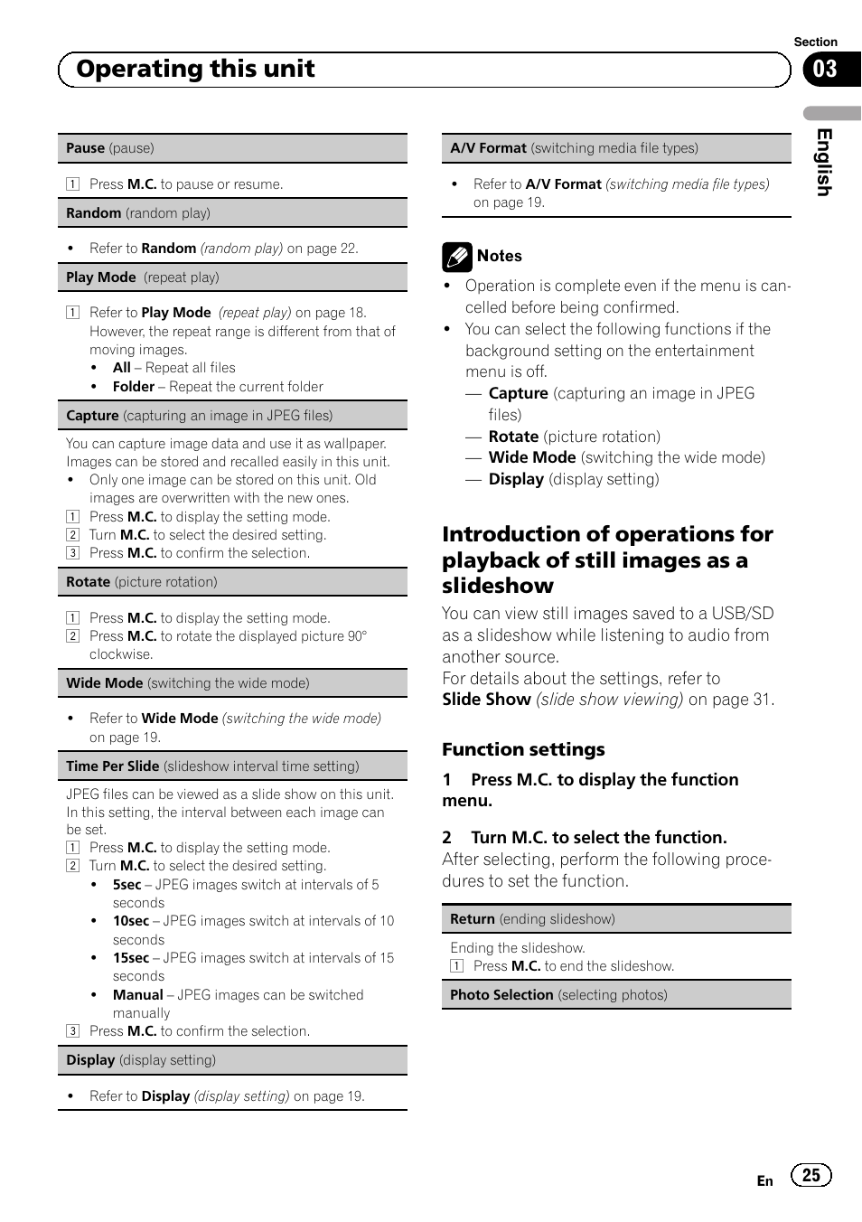 Introduction of operations for playback, Of still images as a slideshow, Display (display setting) on the next | A/v format (switching media file, 03 operating this unit, English, Function settings | Pioneer MVH-P8200BT User Manual | Page 25 / 184
