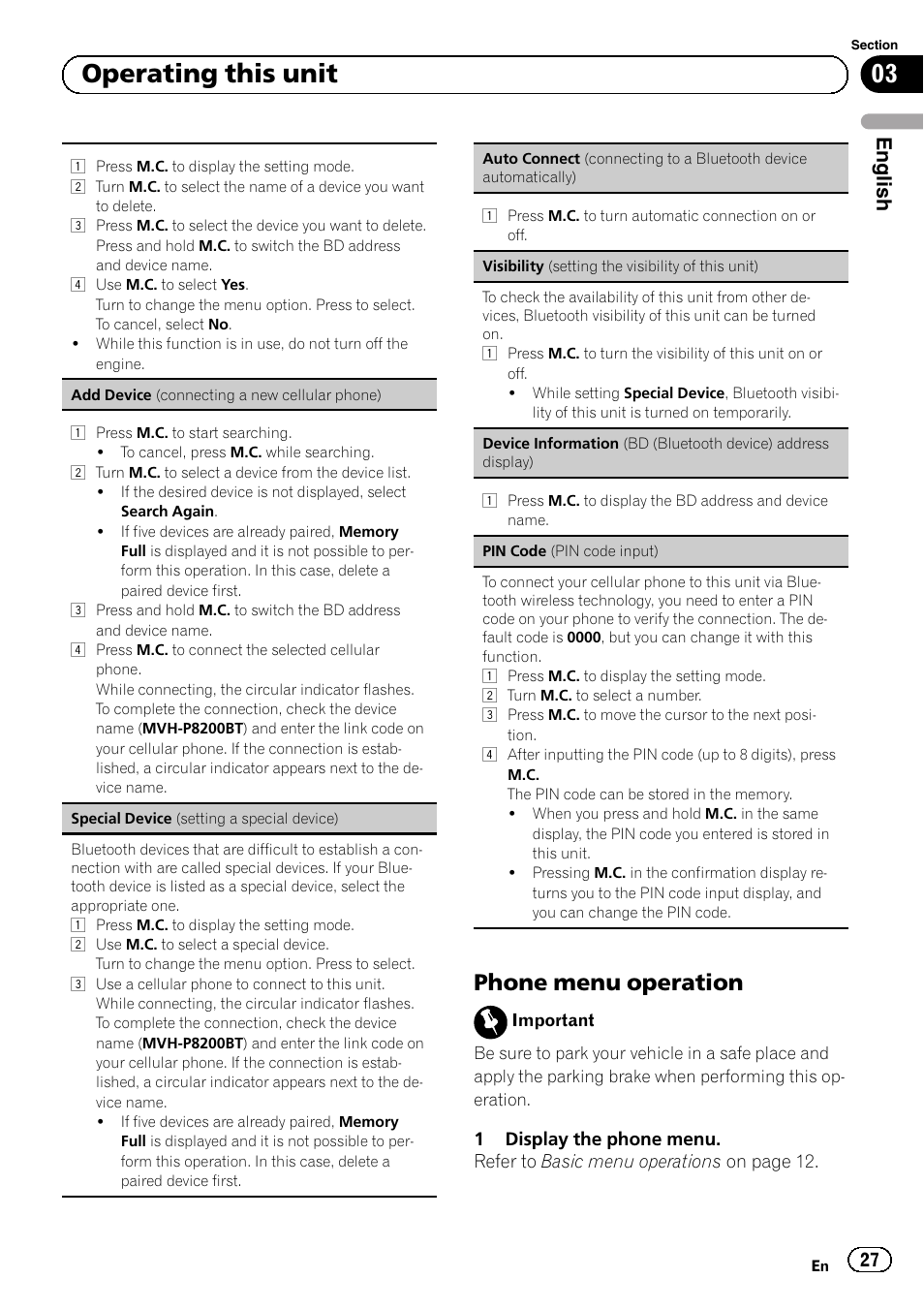 Phone menu operation 27, Pin code, 03 operating this unit | Phone menu operation, English | Pioneer MVH-P8200BT User Manual | Page 27 / 184