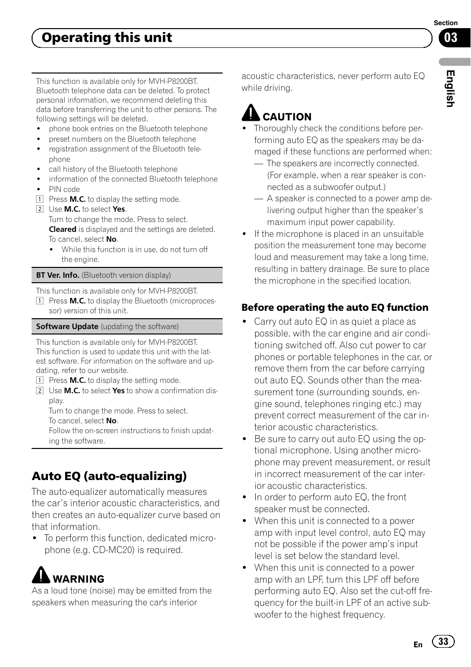 Auto eq (auto-equalizing) 33, 03 operating this unit, Auto eq (auto-equalizing) | Pioneer MVH-P8200BT User Manual | Page 33 / 184