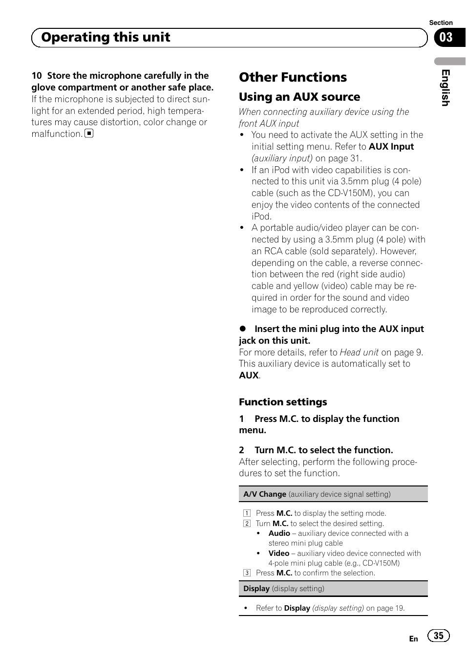 Other functions, Using an aux source 35, 03 operating this unit | Using an aux source | Pioneer MVH-P8200BT User Manual | Page 35 / 184