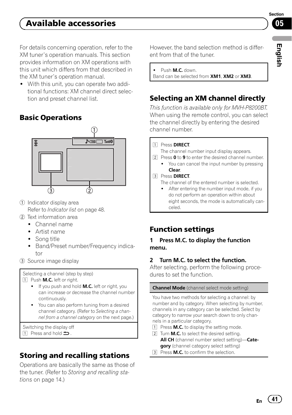 Basic operations 41, Storing and recalling stations 41, Selecting an xm channel directly 41 | Function settings 41, 05 available accessories, Basic operations, Storing and recalling stations, Selecting an xm channel directly, Function settings | Pioneer MVH-P8200BT User Manual | Page 41 / 184