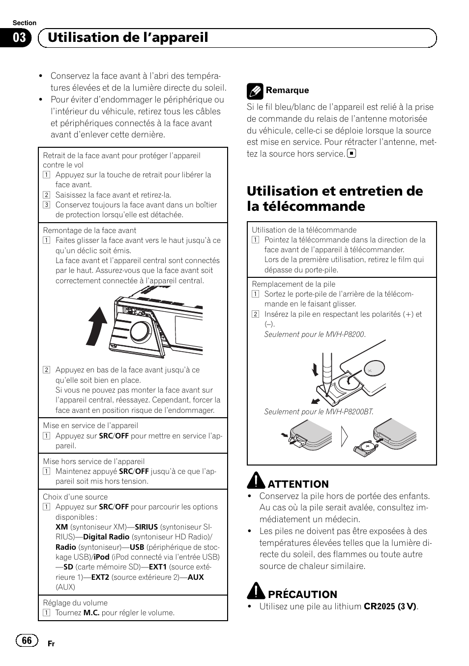 Utilisation et entretien de la, Télécommande, Utilisation et entretien de la télécommande | 03 utilisation de l ’appareil, Attention, Précaution | Pioneer MVH-P8200BT User Manual | Page 66 / 184
