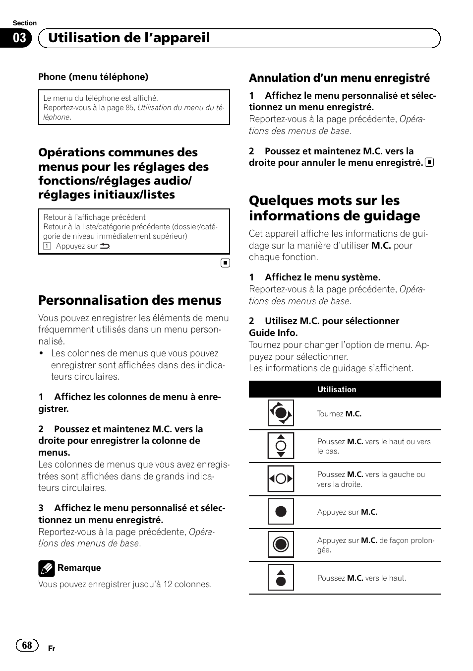 Opérations communes des menus, Personnalisation des menus, Annulation d’un menu enregistré 68 | Quelques mots sur les informations de, Guidage, Quelques mots sur les informations de guidage, 03 utilisation de l ’appareil, Annulation d ’un menu enregistré | Pioneer MVH-P8200BT User Manual | Page 68 / 184