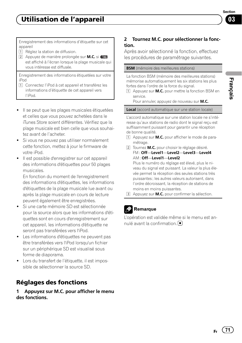 Réglages des fonctions 71, 03 utilisation de l ’appareil, Réglages des fonctions | Français | Pioneer MVH-P8200BT User Manual | Page 71 / 184