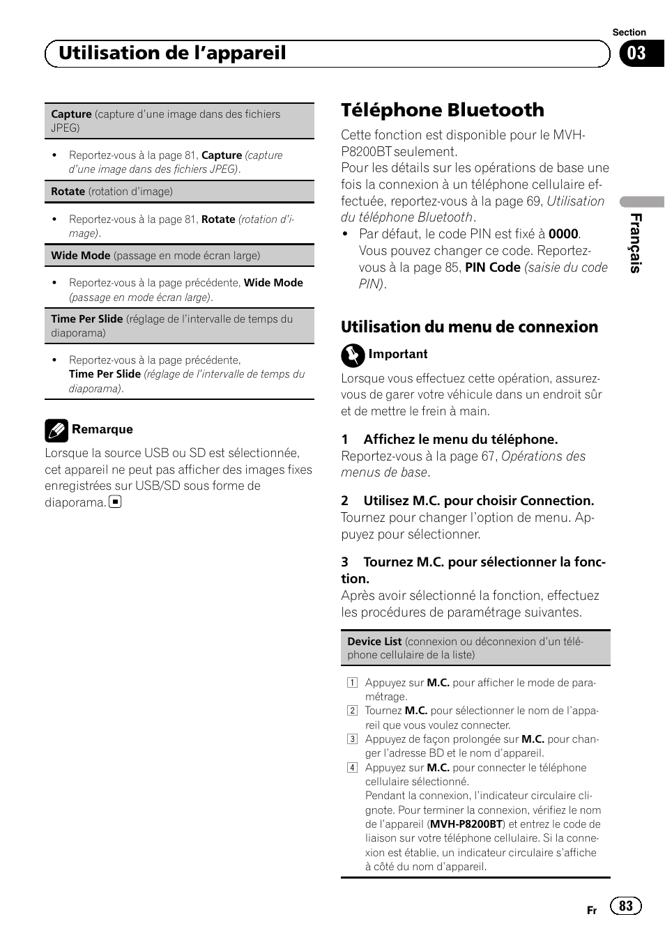 Téléphone bluetooth, Utilisation du menu de connexion 83, 03 utilisation de l ’appareil | Utilisation du menu de connexion, Français | Pioneer MVH-P8200BT User Manual | Page 83 / 184