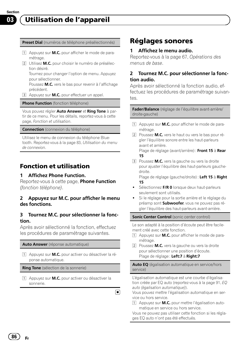 Fonction et utilisation 86, Réglages sonores, 03 utilisation de l ’appareil | Fonction et utilisation | Pioneer MVH-P8200BT User Manual | Page 86 / 184
