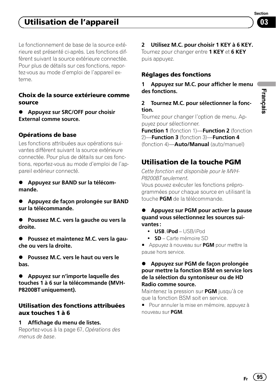 Utilisation de la touche pgm 95, 03 utilisation de l ’appareil, Utilisation de la touche pgm | Pioneer MVH-P8200BT User Manual | Page 95 / 184